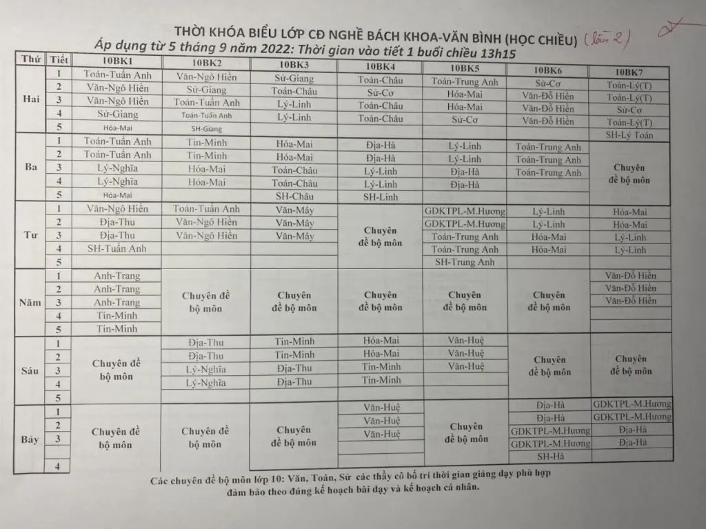 Thời khoá biểu sinh viên hệ 9+