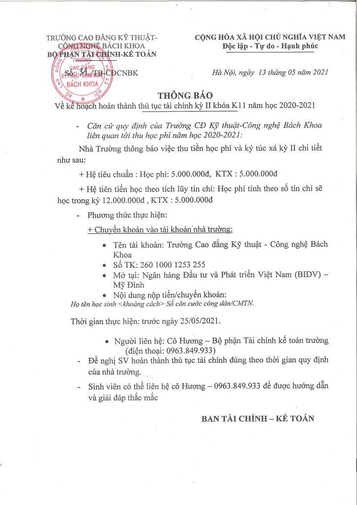 Thông báo hoàn thành thủ tục tài chính kỳ II - Khóa 11 - Năm học 2020 - 2021
