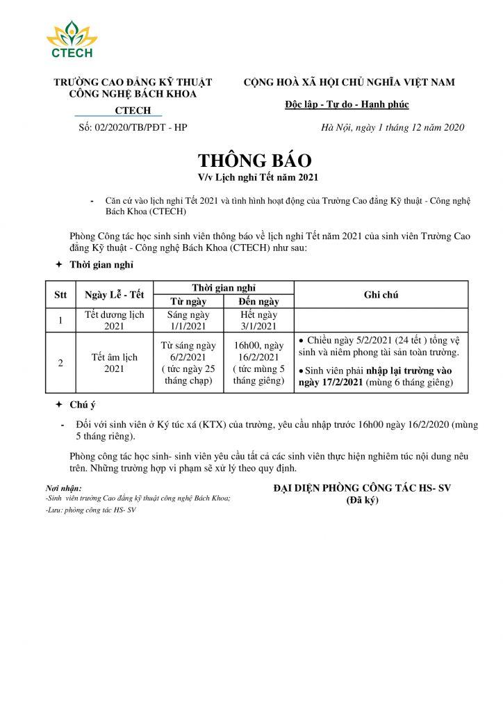 Thông báo lịch Tết Dương lịch 2021 và Tết Nguyên đán Tân Sửu