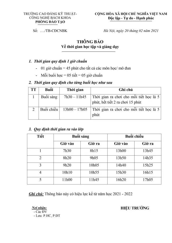 Thông báo về thời gian học tập và giảng dạy