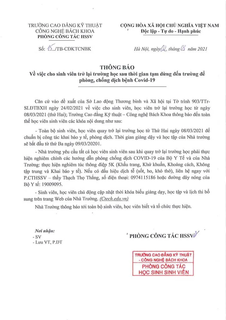 Thông báo về việc cho sinh viên trở lại trường học sau thời gian tạm dừng đến trường để phòng, chống dịch bệnh Covid-19