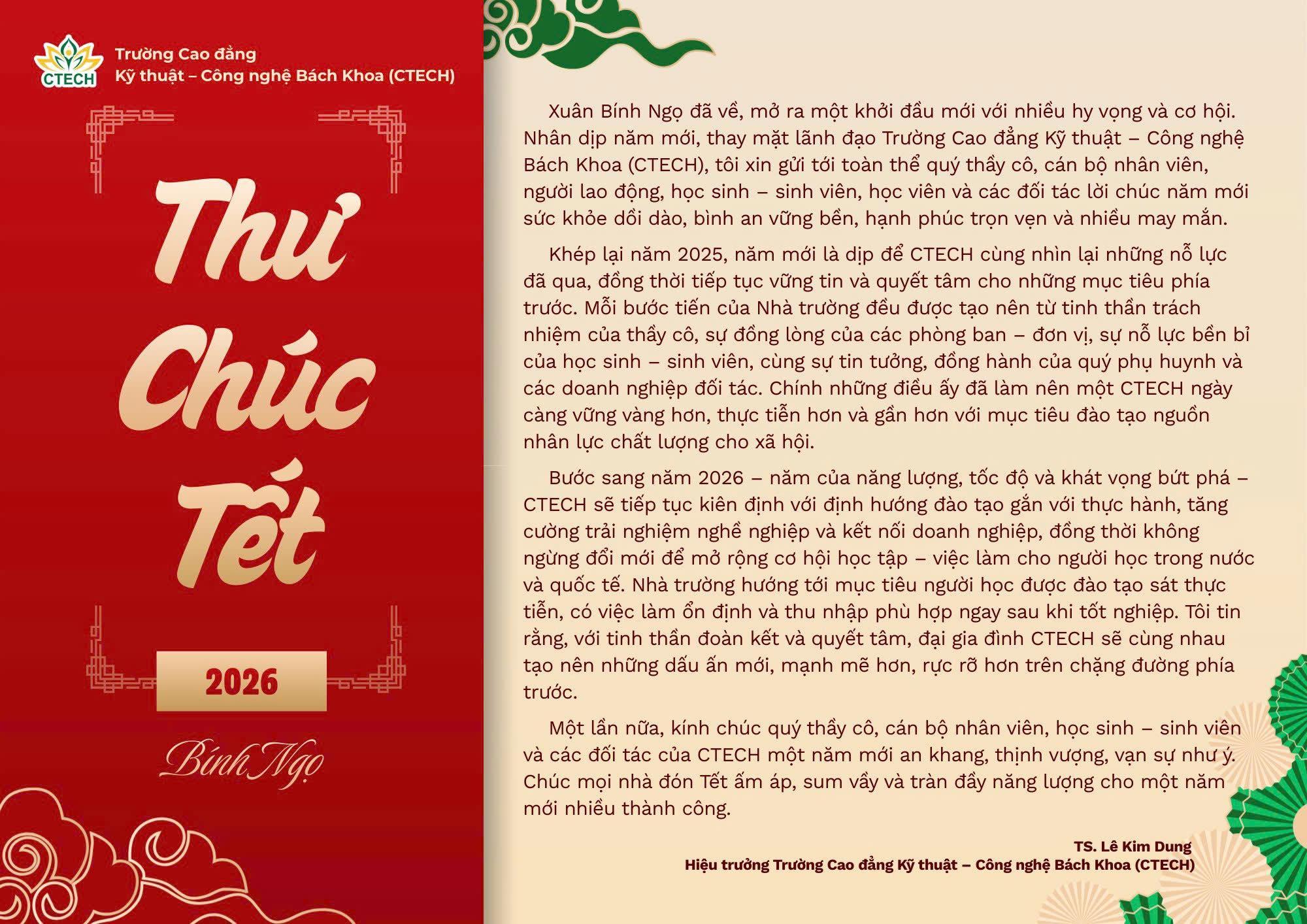 THƯ CHÚC TỪ HIỆU TRƯỞNG TRƯỜNG CAO ĐẲNG KỸ THUẬT - CÔNG NGHỆ BÁCH KHOA CTECH